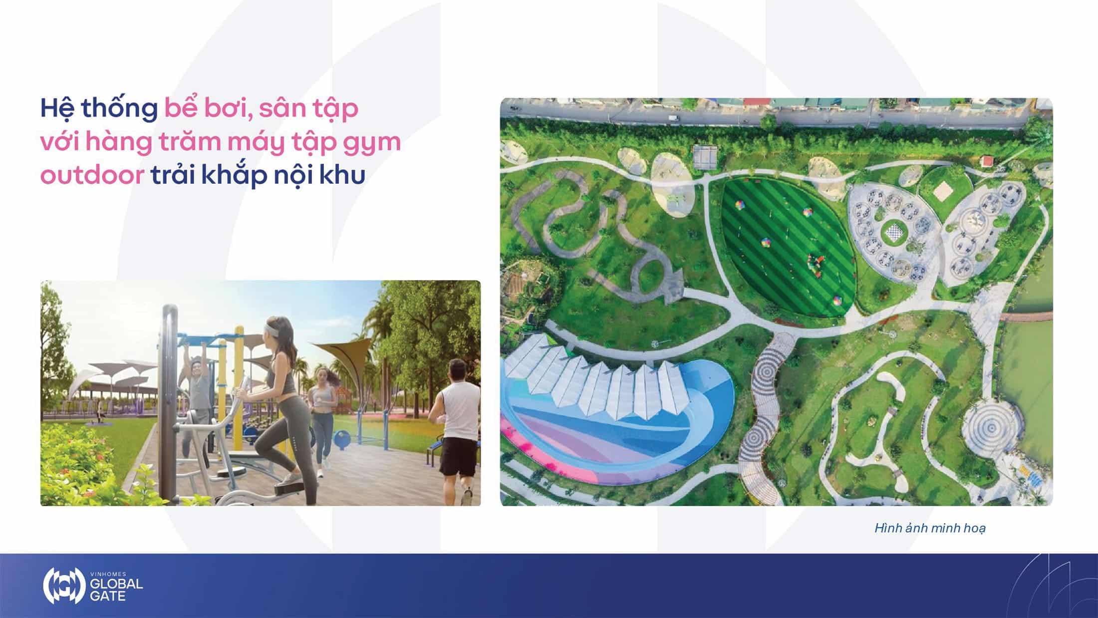 Hệ thống bể bơi, sân tập với hàng trăm máy tập gym outdoor trải khắp nội khu.